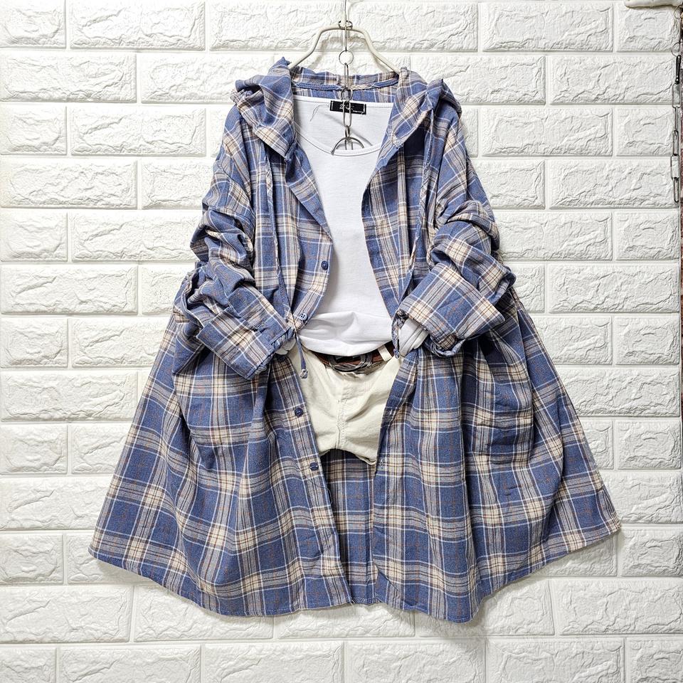 박시체크후드남방