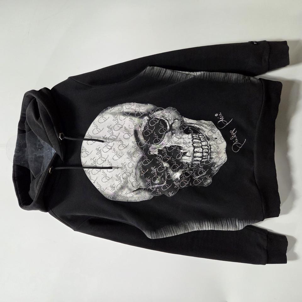 필립 플레인 블랙 스컬 프린팅 기모 후드티 XL 25120813