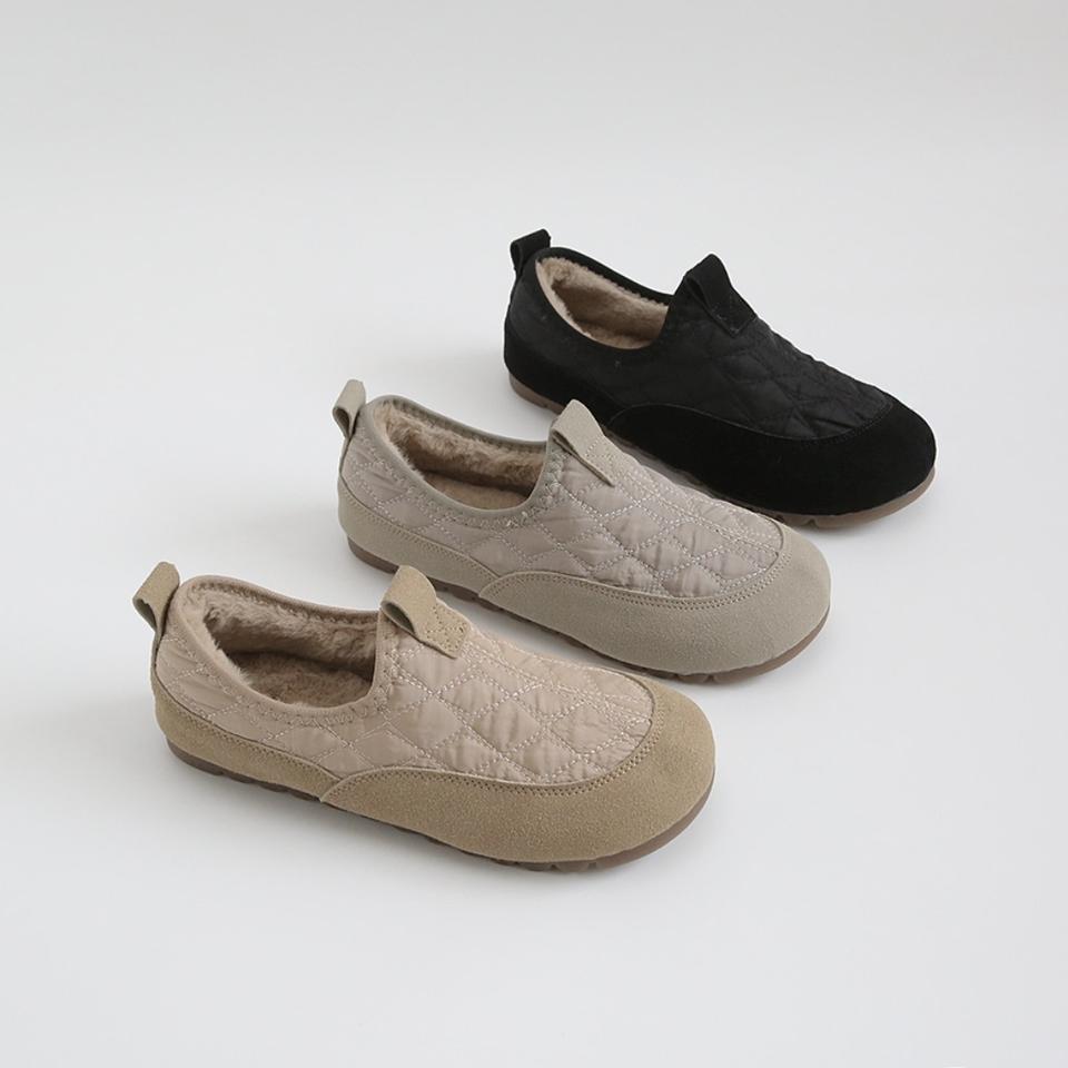 새상품 퀼팅 누빔 털 안감 슬립온 슈즈 블랙 베이지 카키