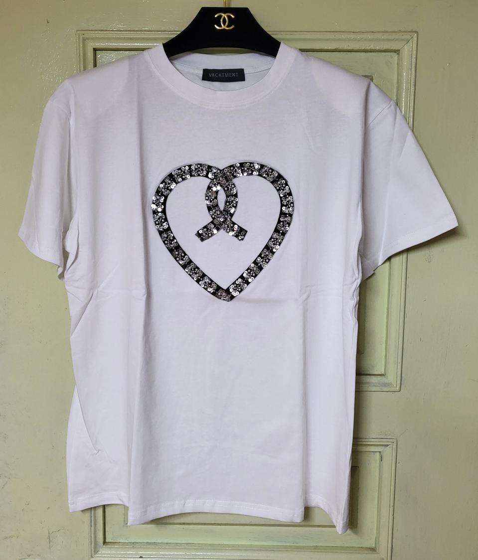 미개봉 새상품 도톰 코튼 면 스판 비즈 장식 파워 숄더 반팔 티셔츠