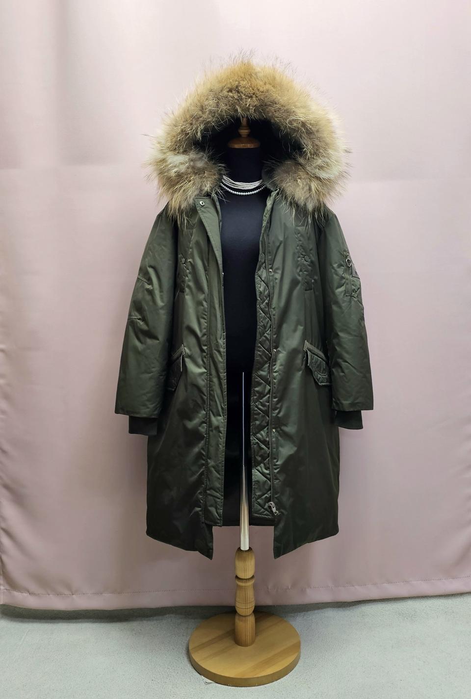 Enc 라쿤퍼후드 오리털 야상 롱패딩