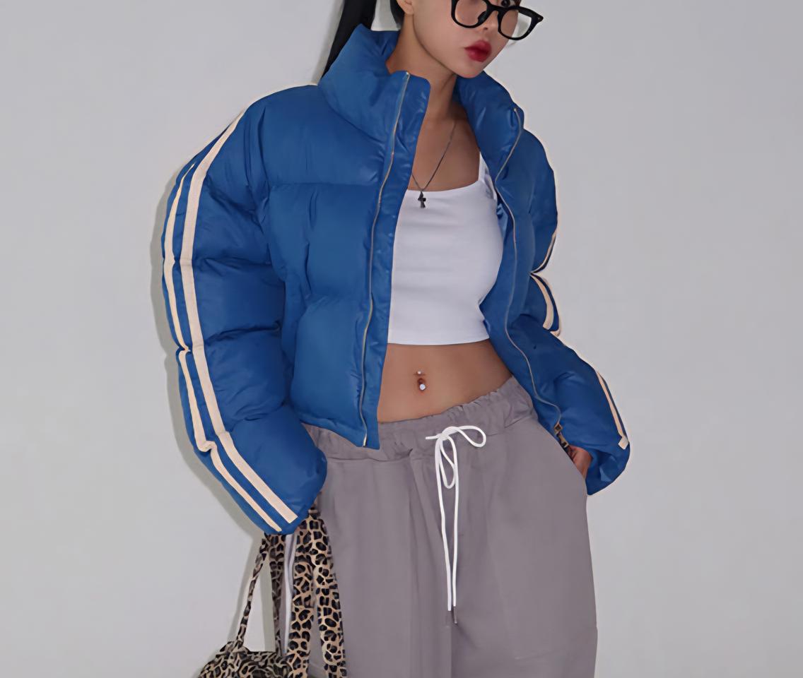 두줄 포인트 블루 숏패딩 푸퍼