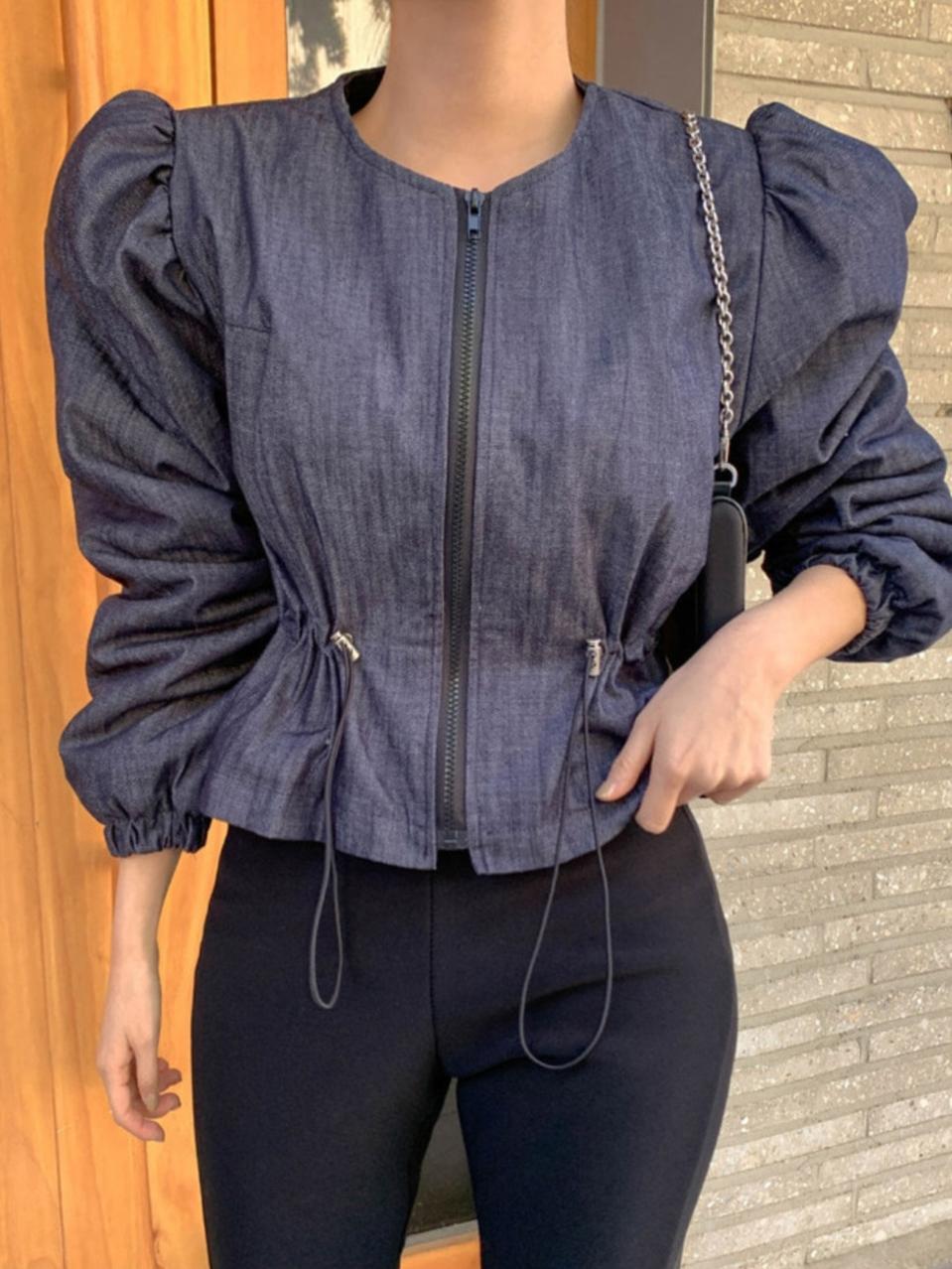 퍼프소매 생지 데님 패딩점퍼 (경량)