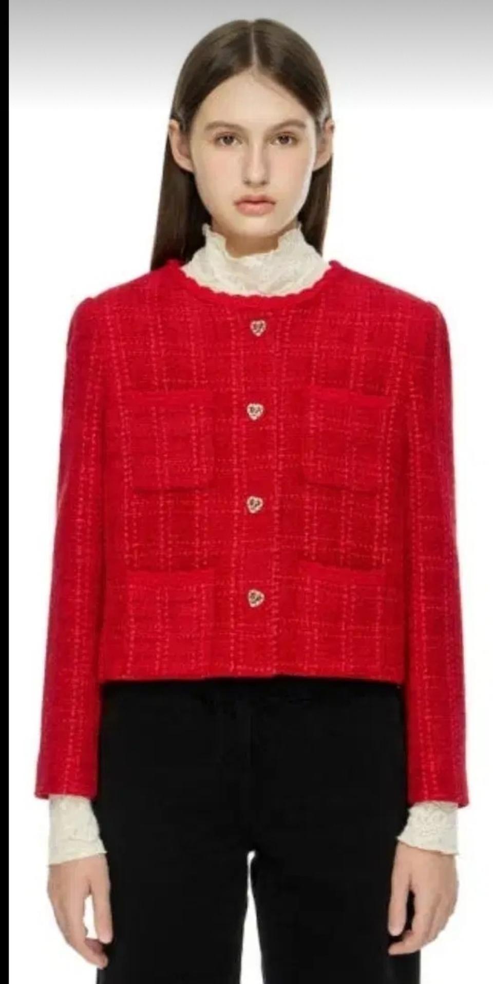 듀엘 손뜨개 트리밍 하트단추 글리터 트위드 자켓 66사이즈 새제품레드