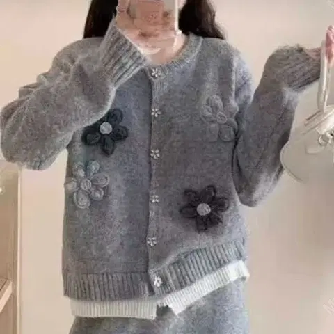 연그레이 꽃패치 가디건 치마 세트 (새옷)