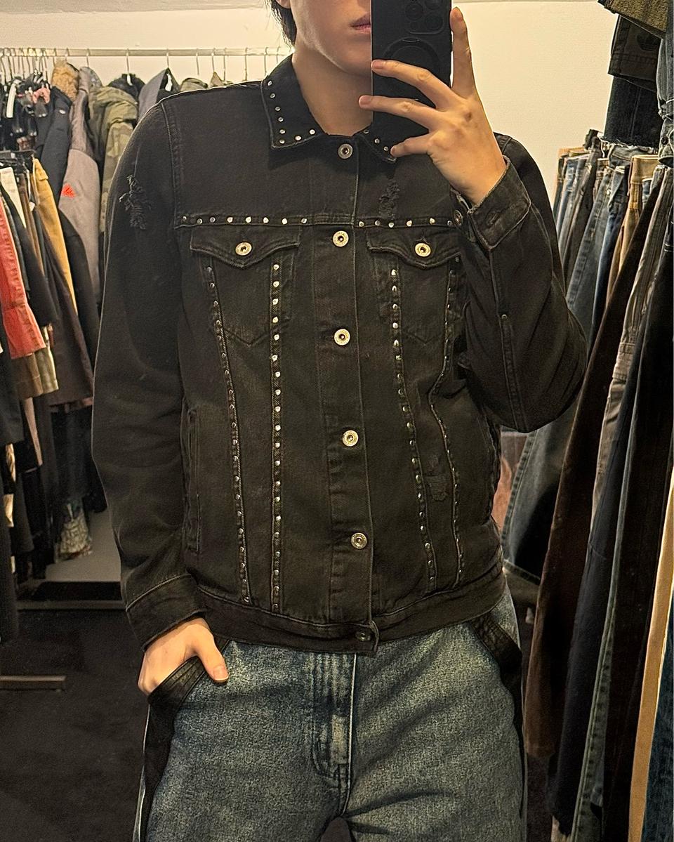 자라 스터드 찡 고스 펑크 락 흑청 데님 청 자켓 트러커 워크 락시크 M
