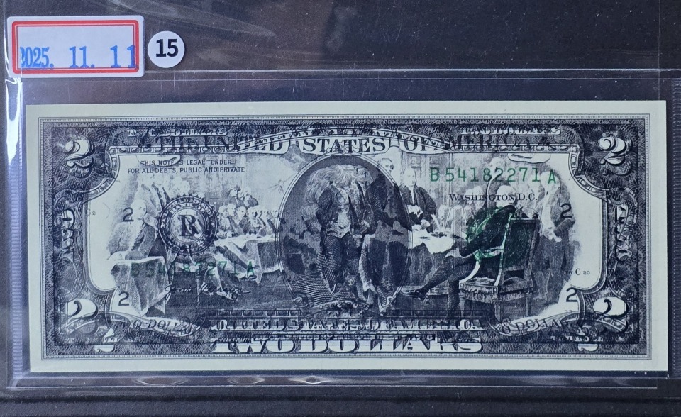 A01L 완전미사용 앞면도안 위에 뒤면도안이 찍힌 인쇄에러 2달러 지폐