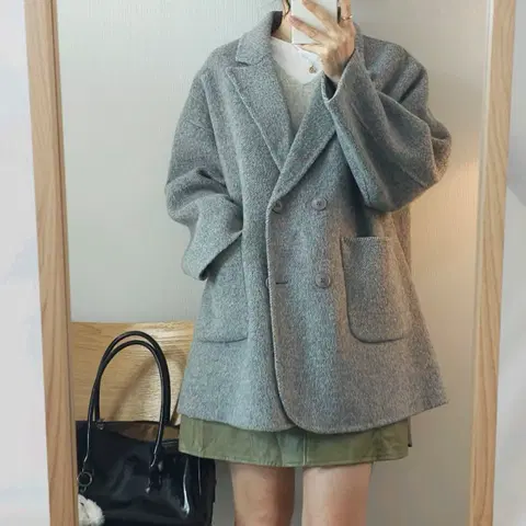 (F)OLZE 여성 울 오버핏 더블 코트 그레이