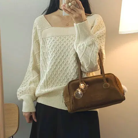 (F)여성 스퀘어넥 케이블 니트 아이보리 W1600