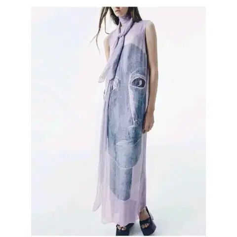 zara 자라 스카프 디테일 프린트 플루이드 원피스 - M