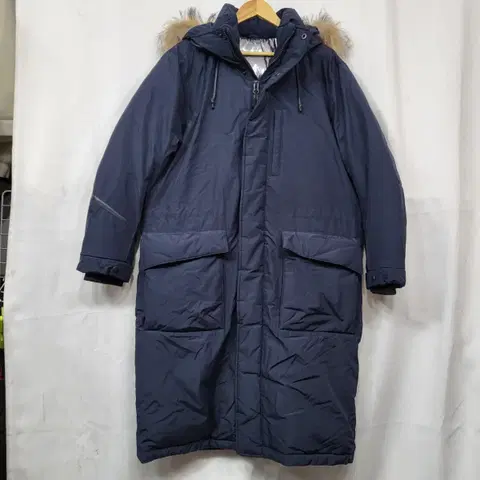 스파오 네이비 덕다운 롱패딩 점퍼 후드털 장식