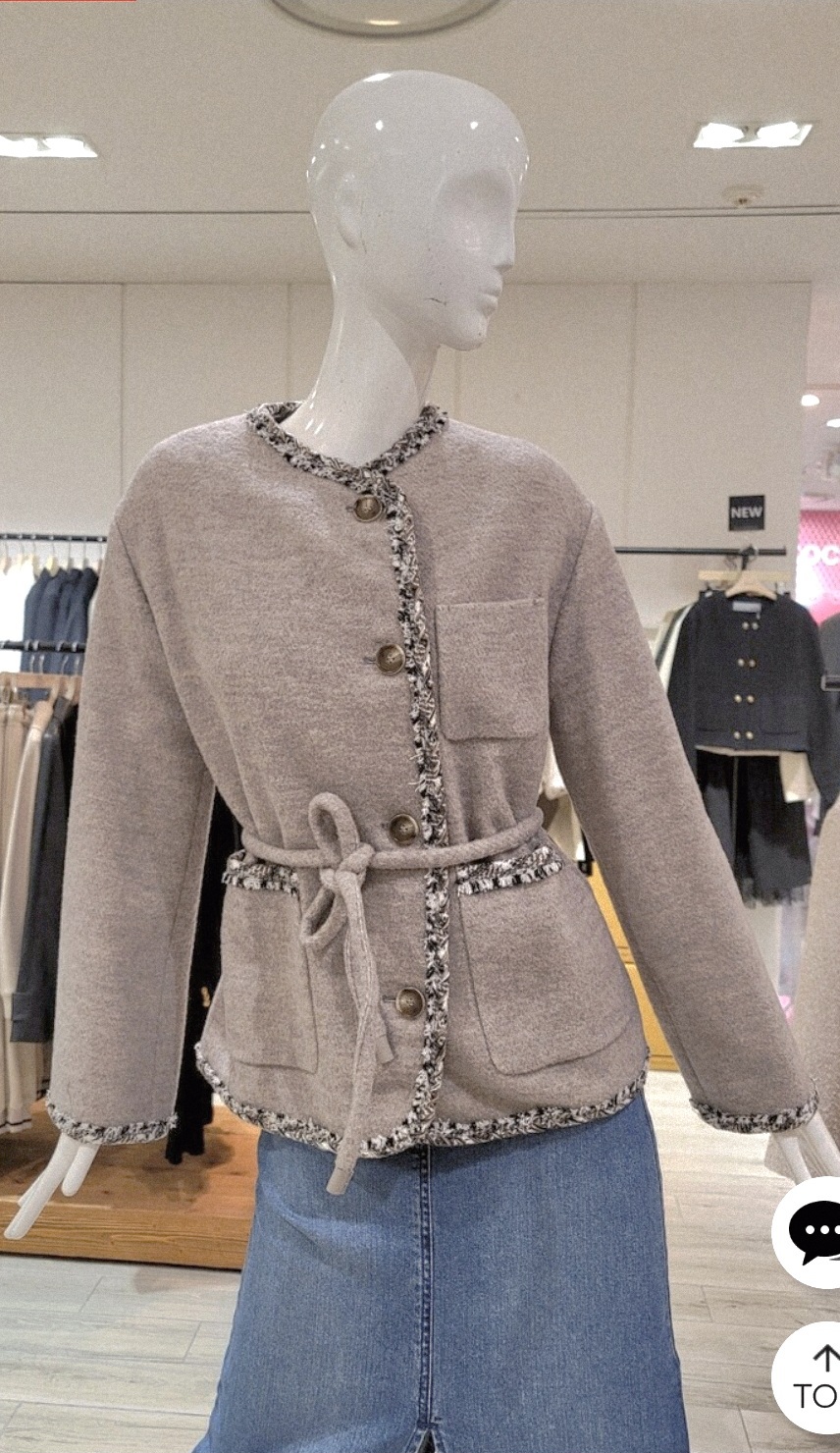 지컷 앙고라 모혼방 트위드 트리밍 자켓 55사이즈 새제품 오트밀베이지컬러