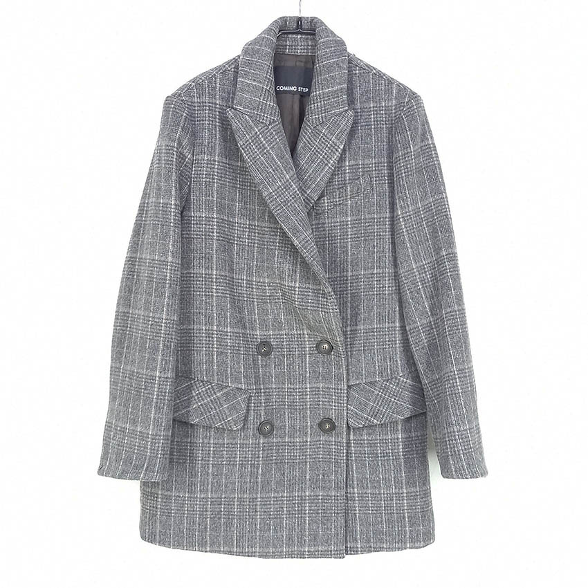 커밍스텝 여성 체크배색 오버핏 모직자켓 그레이 (HU41907)