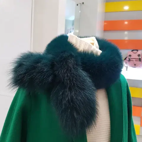베네통 리얼 폭스퍼 여우털 미니 머플러 목도리 그린 초록 청록