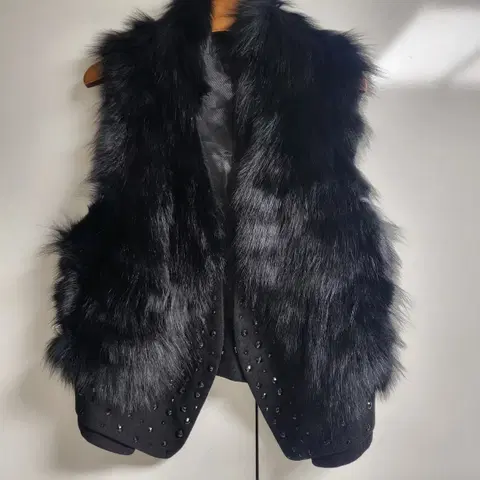 블랙 풀스킨 폭스퍼 베스트 조끼 스톤 장식