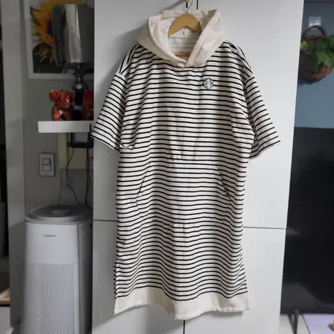 스타벅스 스트라이프 반팔 후드 털기모원피스