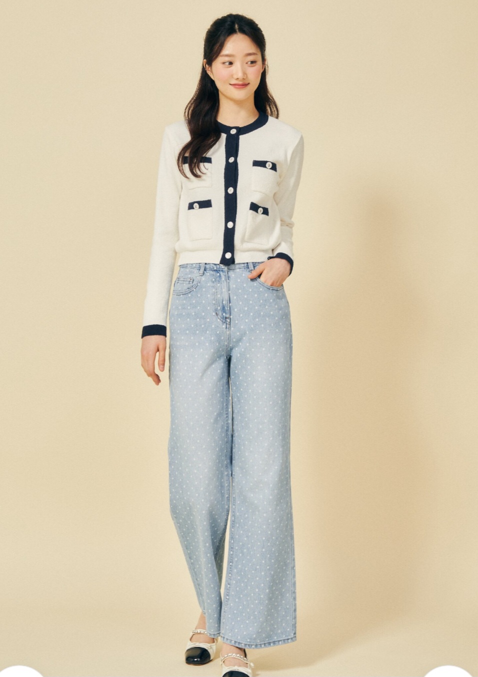 JJ지고트 2023년 배색 니트 가디건 55~66사이즈