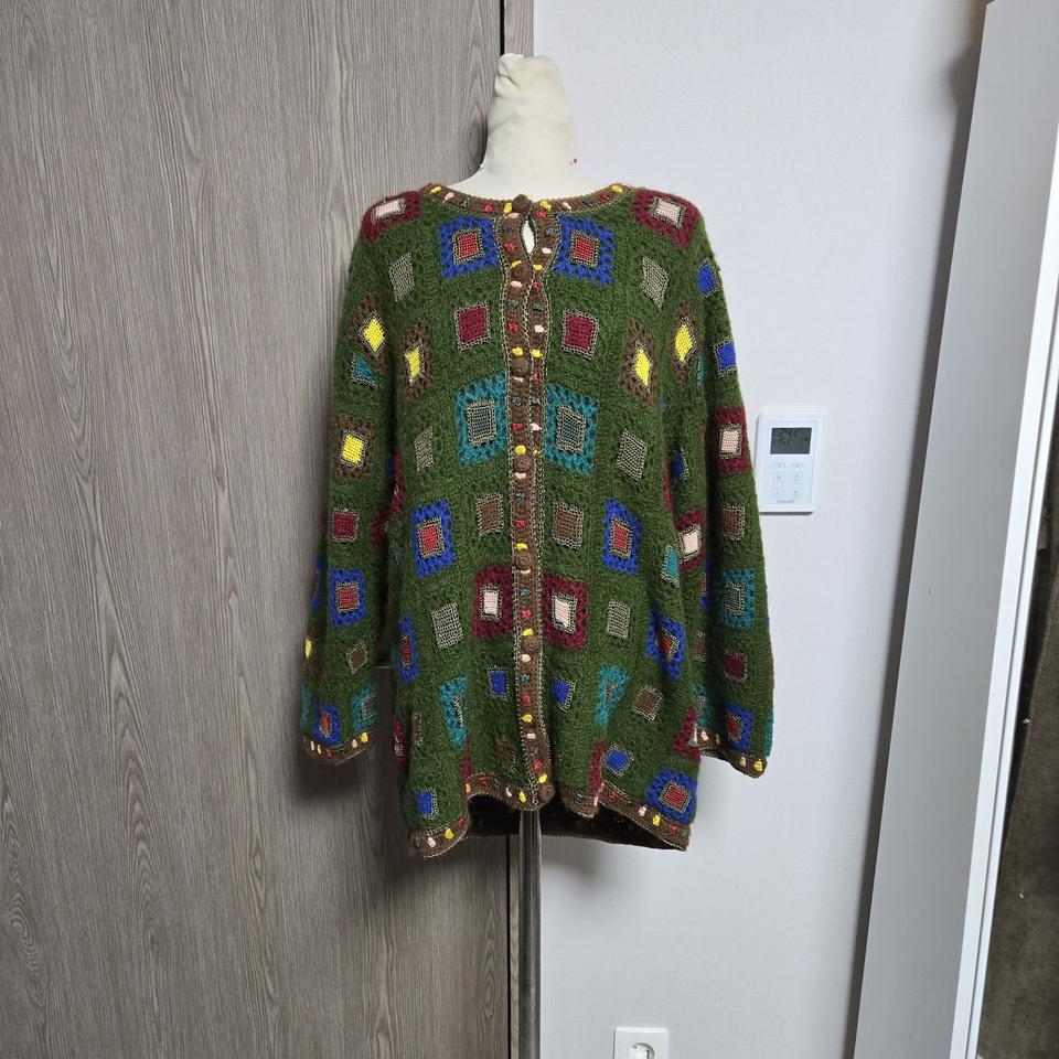 손뜨개 그린 컬러풀 스퀘어 니트 가디건