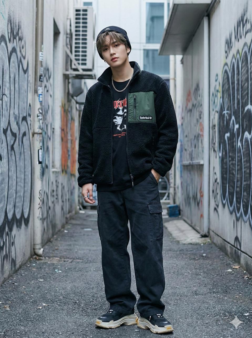 팀버랜드 블랙 카키 배색 보아 플리스 뽀글이 모크넥 집업 자켓_S