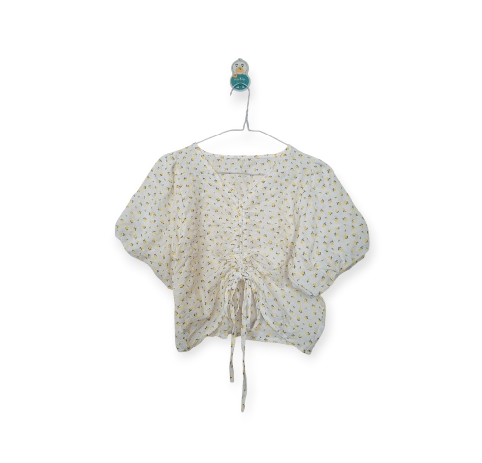 [미착용] 노란색 꽃무늬 셔링 블라우스