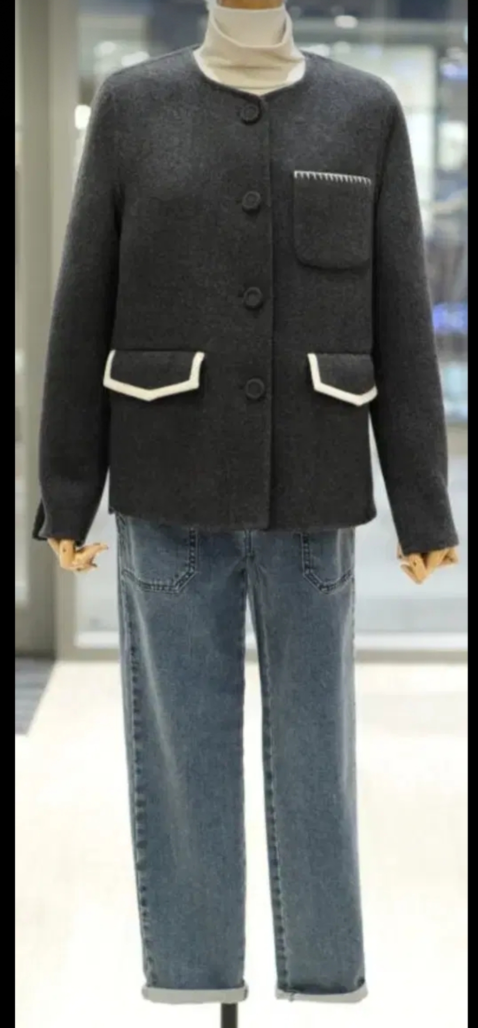 지컷 스티치장식 벌룬소매 핸드메이드 자켓 55사이즈 새제품다크그레이