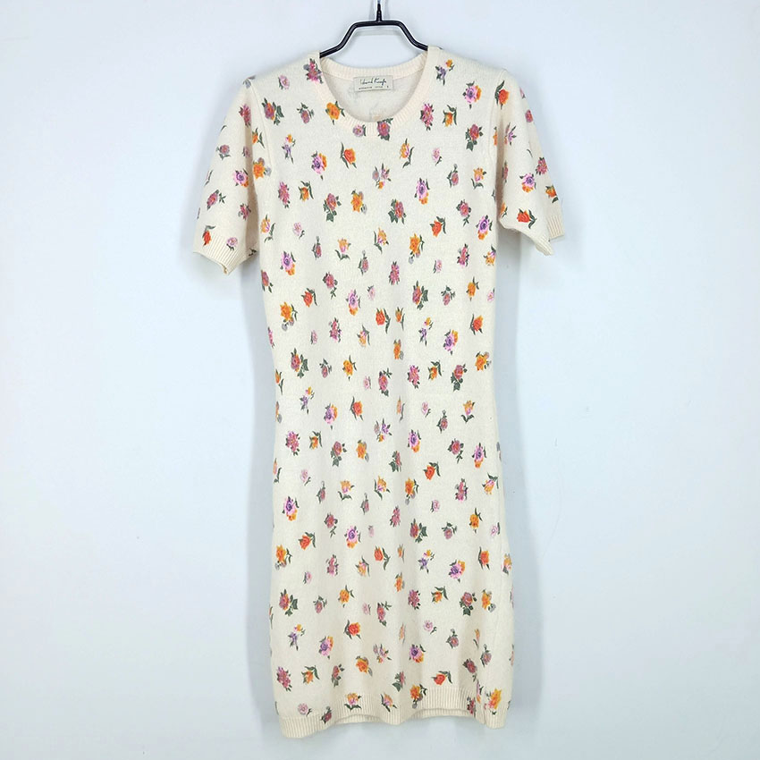 빈티지 여 플라워 반팔 5부 니트원피스 베이지 (HU27191)