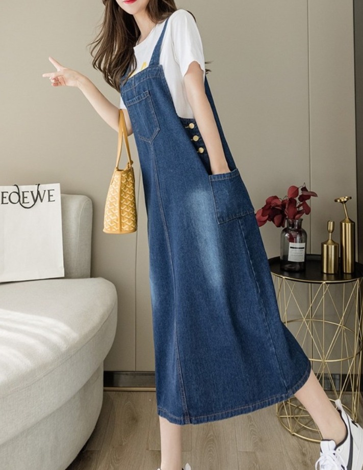 데님멜빵롱원피스