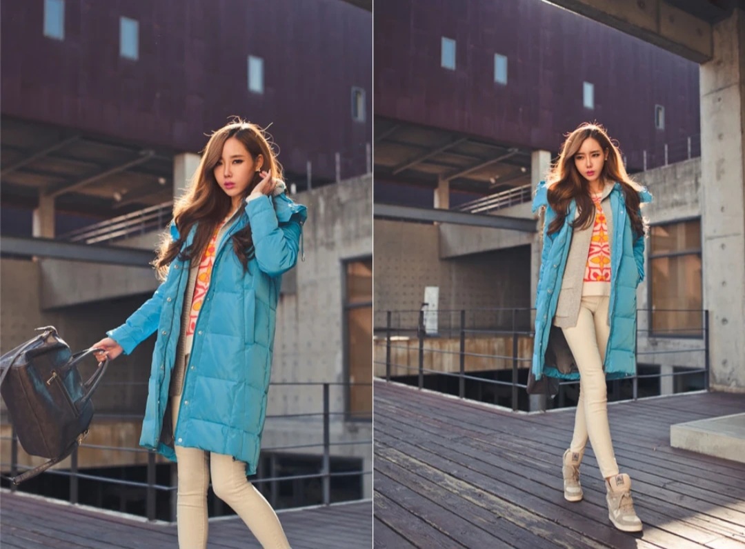 파란색 롱패딩 + 후드 니트 조끼 세트