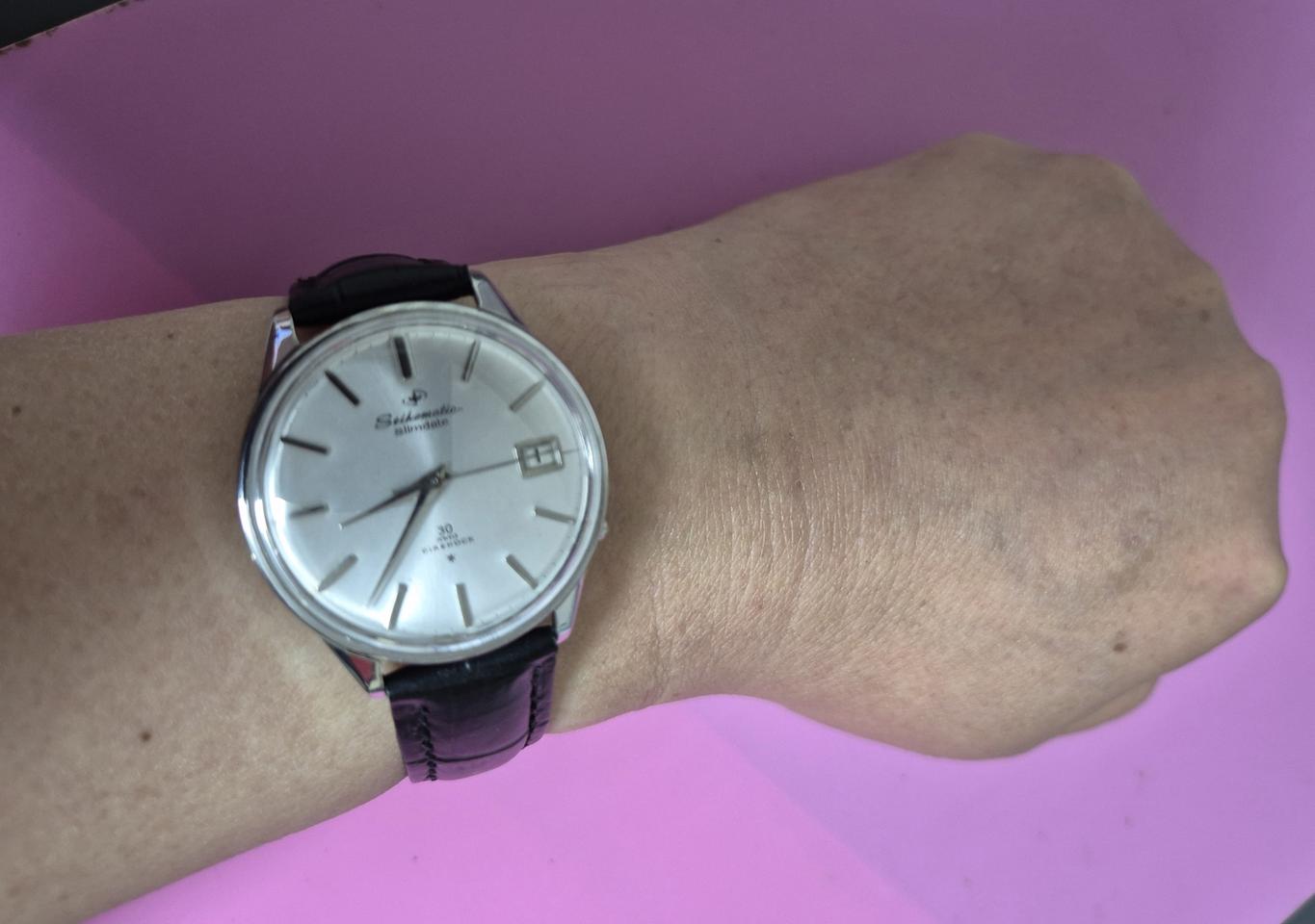 세이코매틱 슬림데이트 남성 자동 가죽 시계/JAPAN