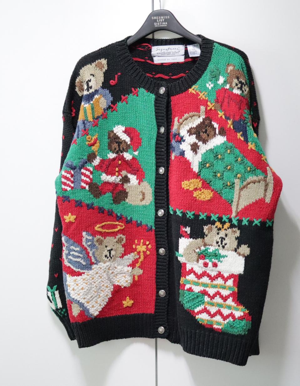 빈티지 핸드메이드 핸드니트 크리스마스 곰돌이 테디베어 니트 가디건