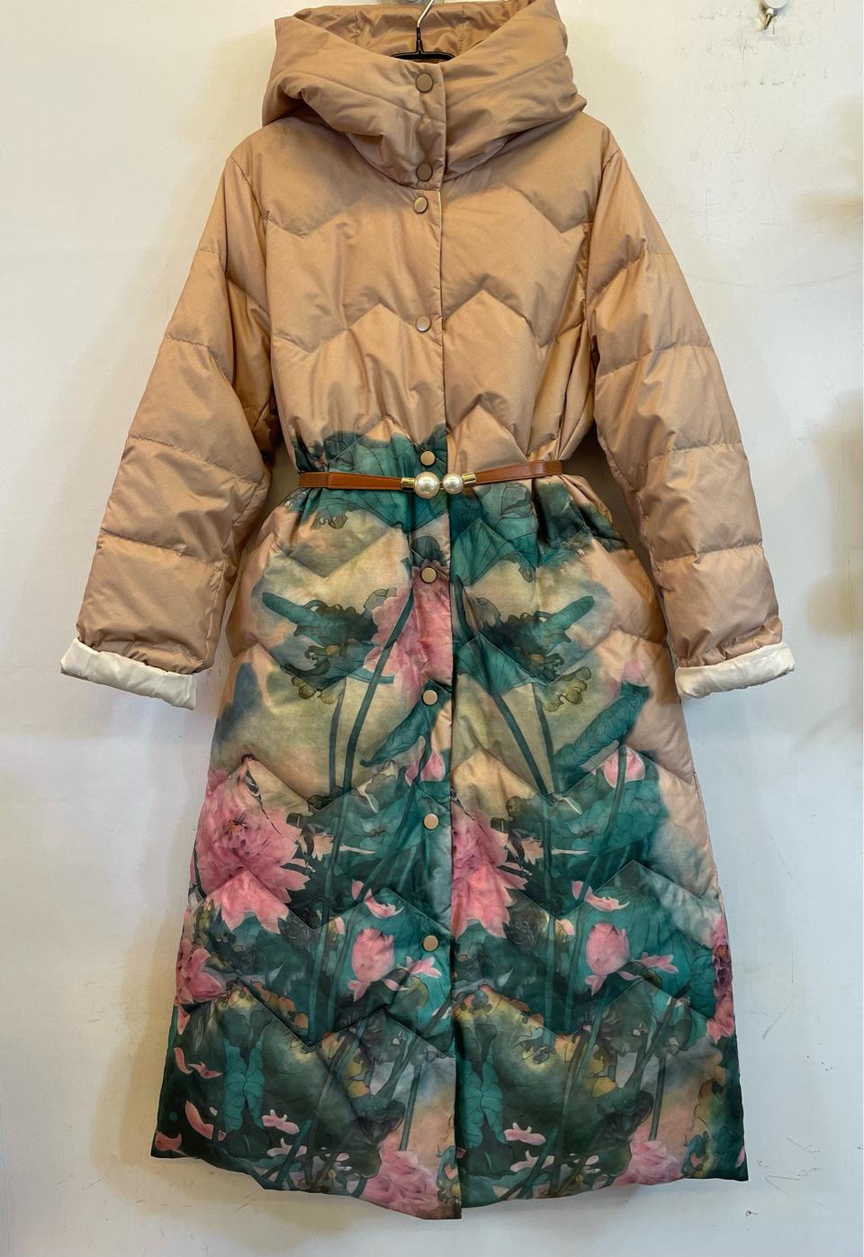 수입 플라워 오리털 덕다운롱패딩 여성롱패딩 꽃무늬패딩점퍼:) 하객룩연말룩