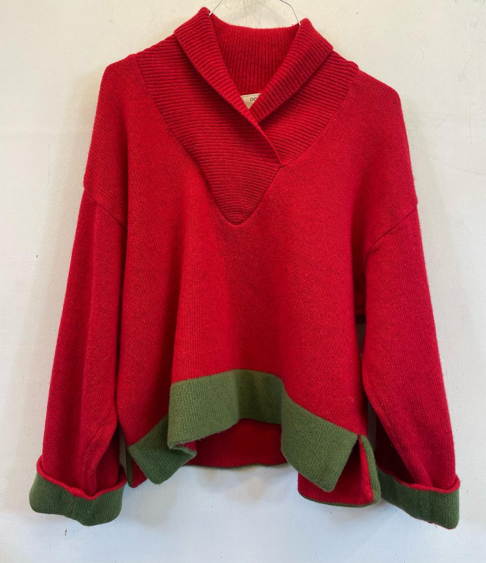 배색 레드니트 빨간니트 크리스마스니트 크리스마스룩 연말룩데이트룩