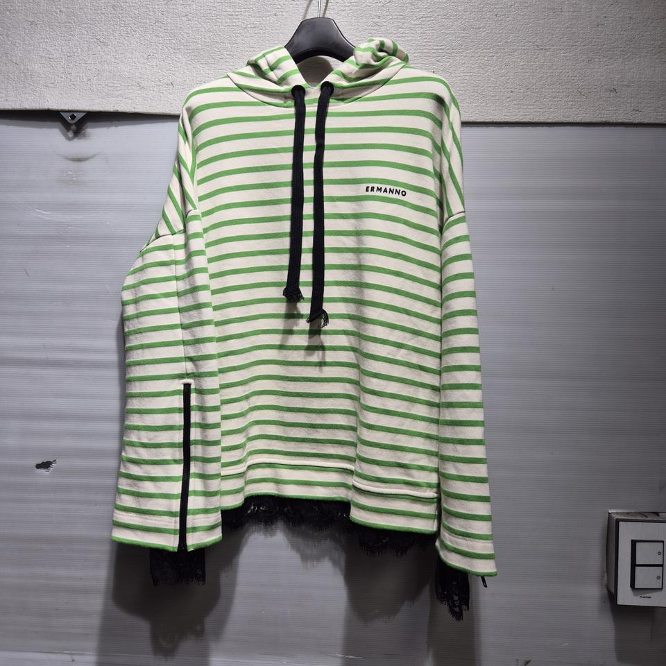 ERMANNO 그린 스트라이프 후드티 레이스