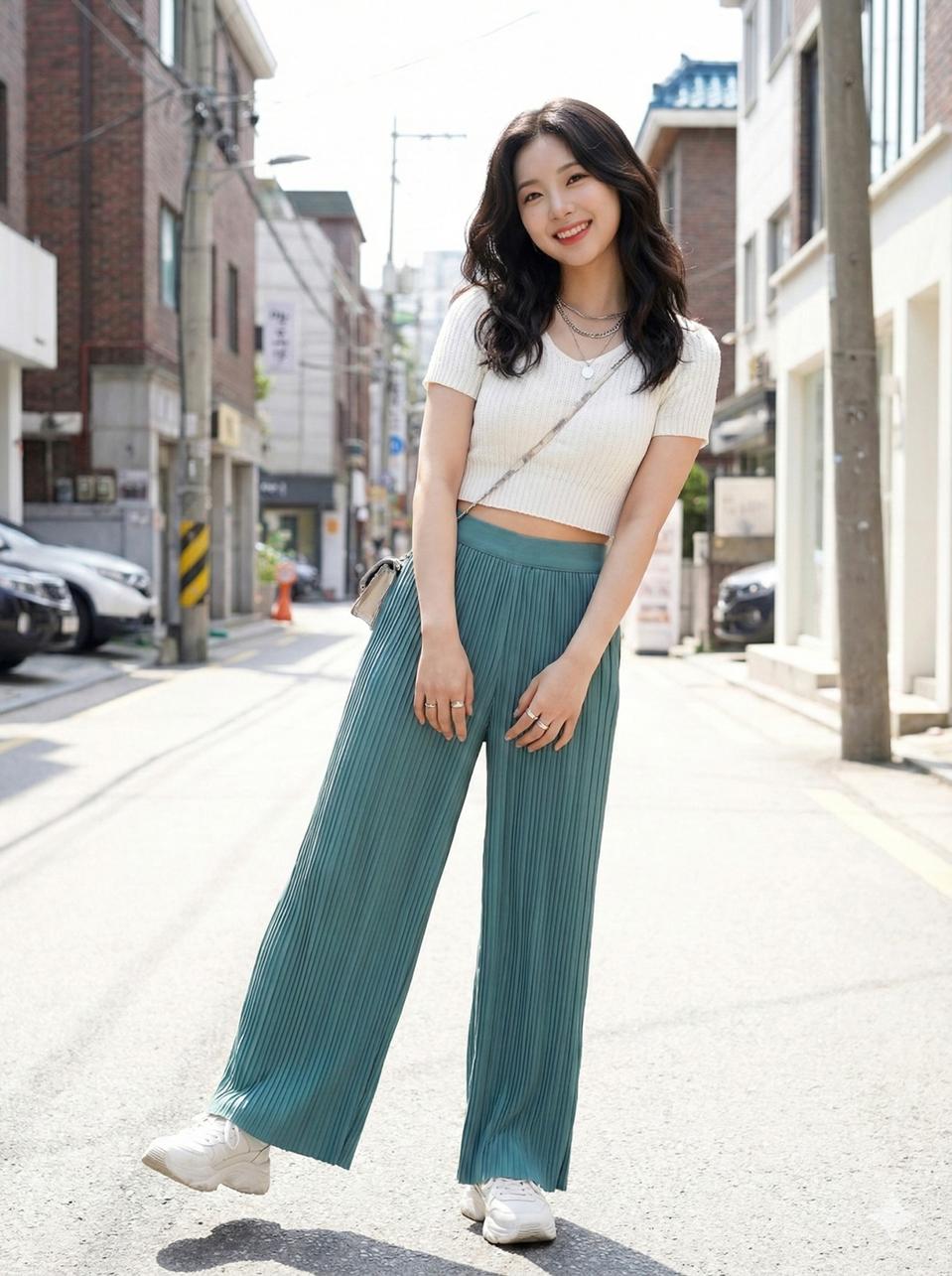 COS 코스 민트색 플리츠 와이드 팬츠_L