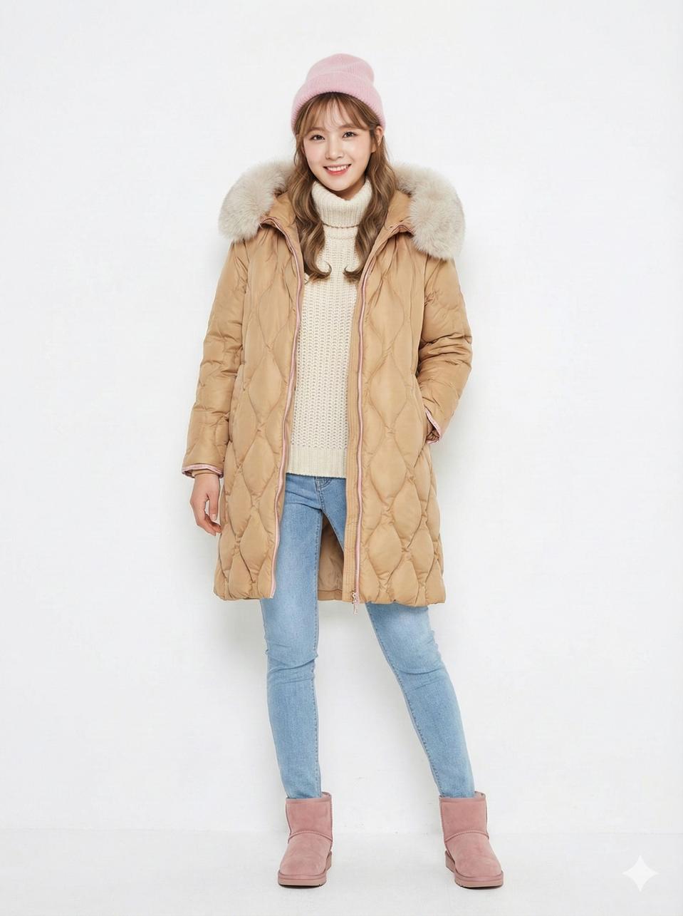 LBL 폭스퍼 퀄팅 구스다운 롱 패딩_S