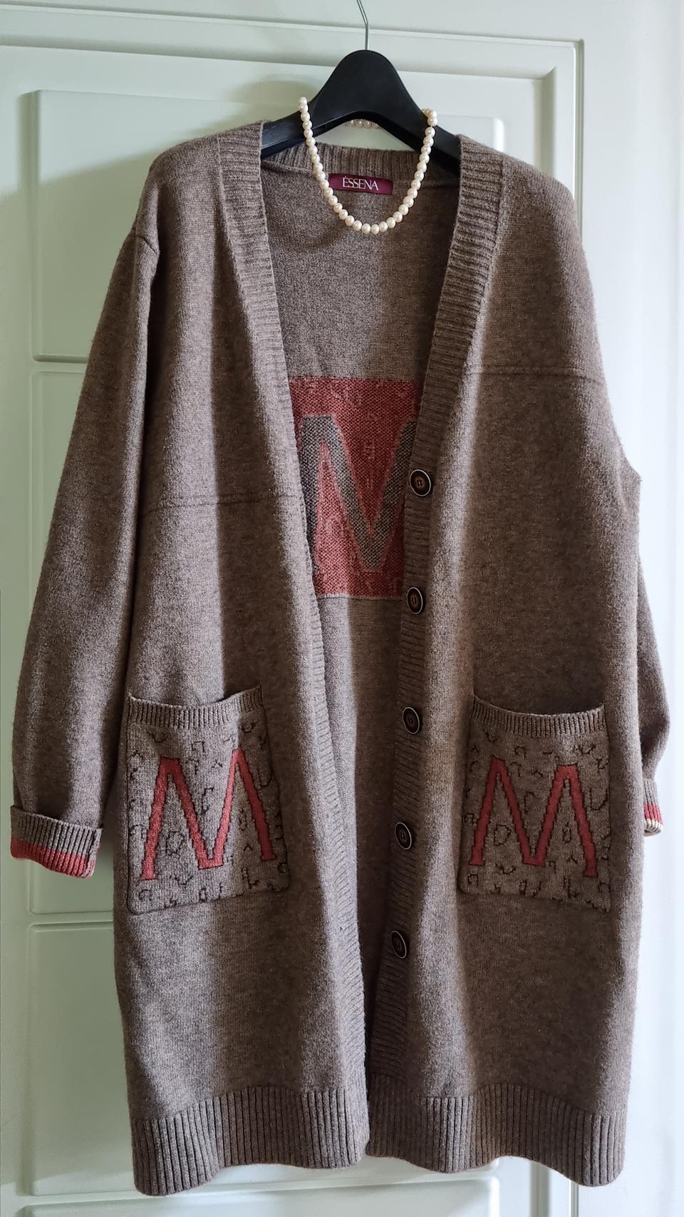 ESSENA 브라운 자카드 자수 울혼방 니트 롱가디건