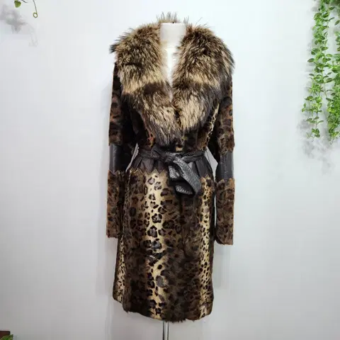 레오파드 키드램스킨 라쿤퍼 모피코트 105 사이즈