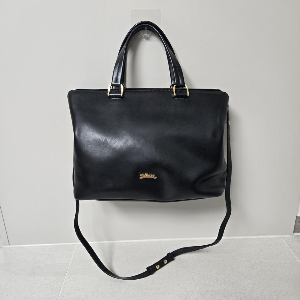 롱샴 블랙 레더 토트백 숄더백