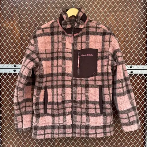 에디바우어 체크 헤비 핑크 플리스 뽀글이 후리스 자켓 M