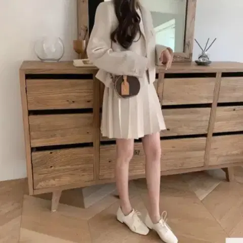 (세트셋업) 베이지 자켓 재킷 플리츠 스커트 정장 세트 투피스