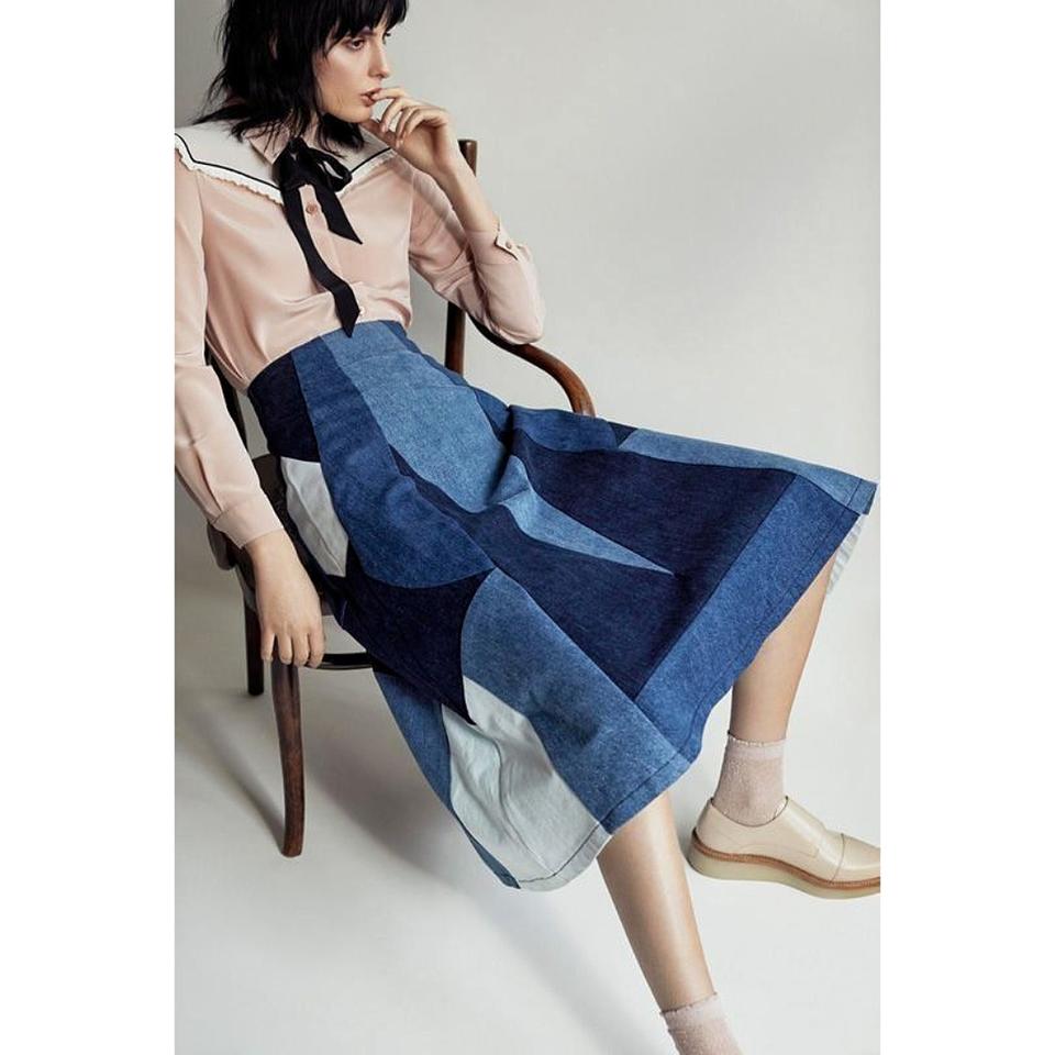 마쥬 패치워크 데님 미디 스커트