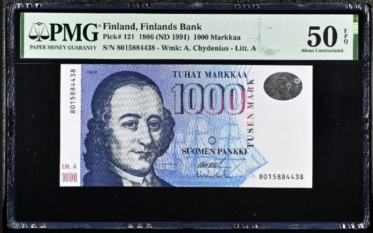 핀란드 1986년 1000 마르카 유로이전 최고액권 PMG 50 EPQ