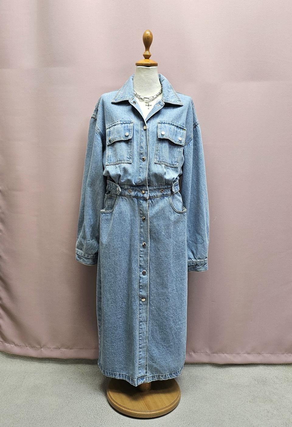 버튼조절 데님 롱원피스