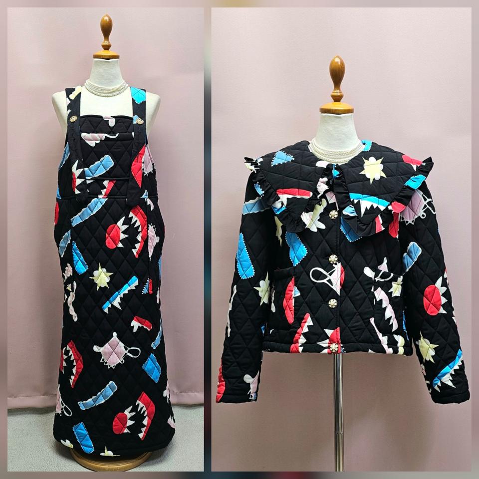 레이디레이디 유니크 퀼팅 멜빵원피스 자켓 세트 셋업(무료배송)