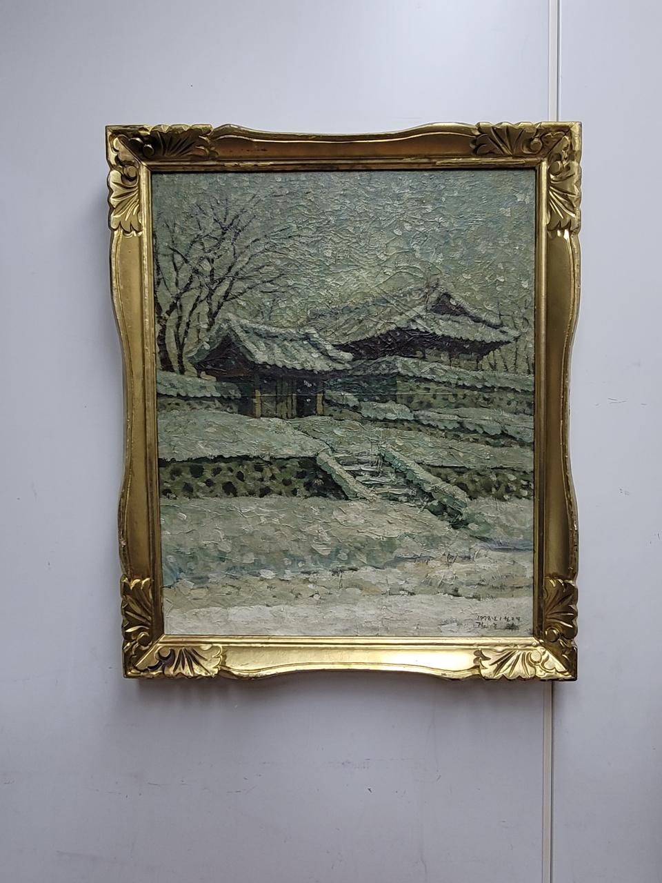 김호연화백 15호 유화그림 눈오는 산사