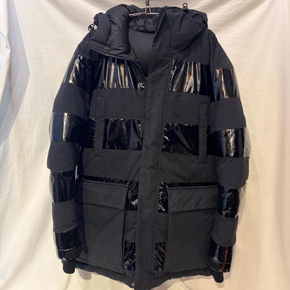 코오롱 블랙 패치워크 후드 구스다운 패딩 점퍼