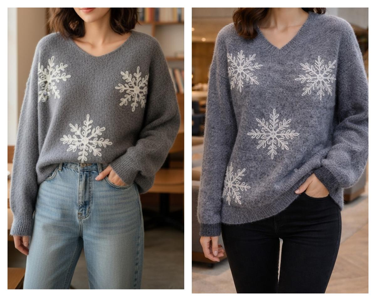 눈꽃 자수 배색 울&앙고라 롱니트 (F)