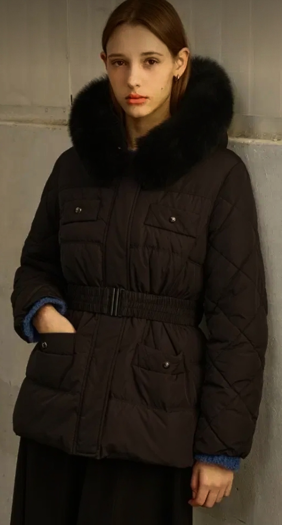 더아이잗 폭스퍼 퀼팅 뒷밴딩 구스다운 패딩 자켓 각 55,66사이즈