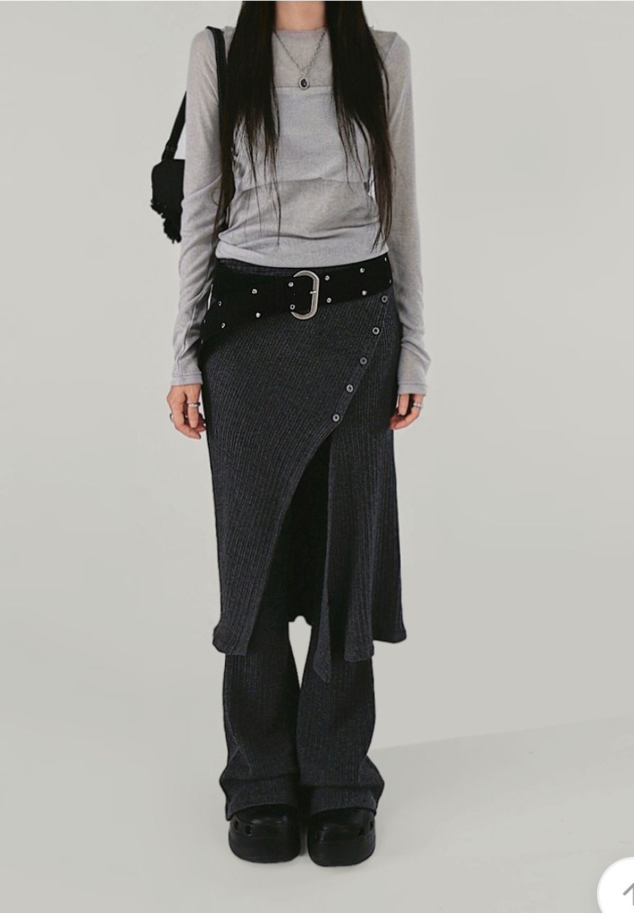 186 시크원 니트 랩스커트 부츠컷팬츠 레이어드세트