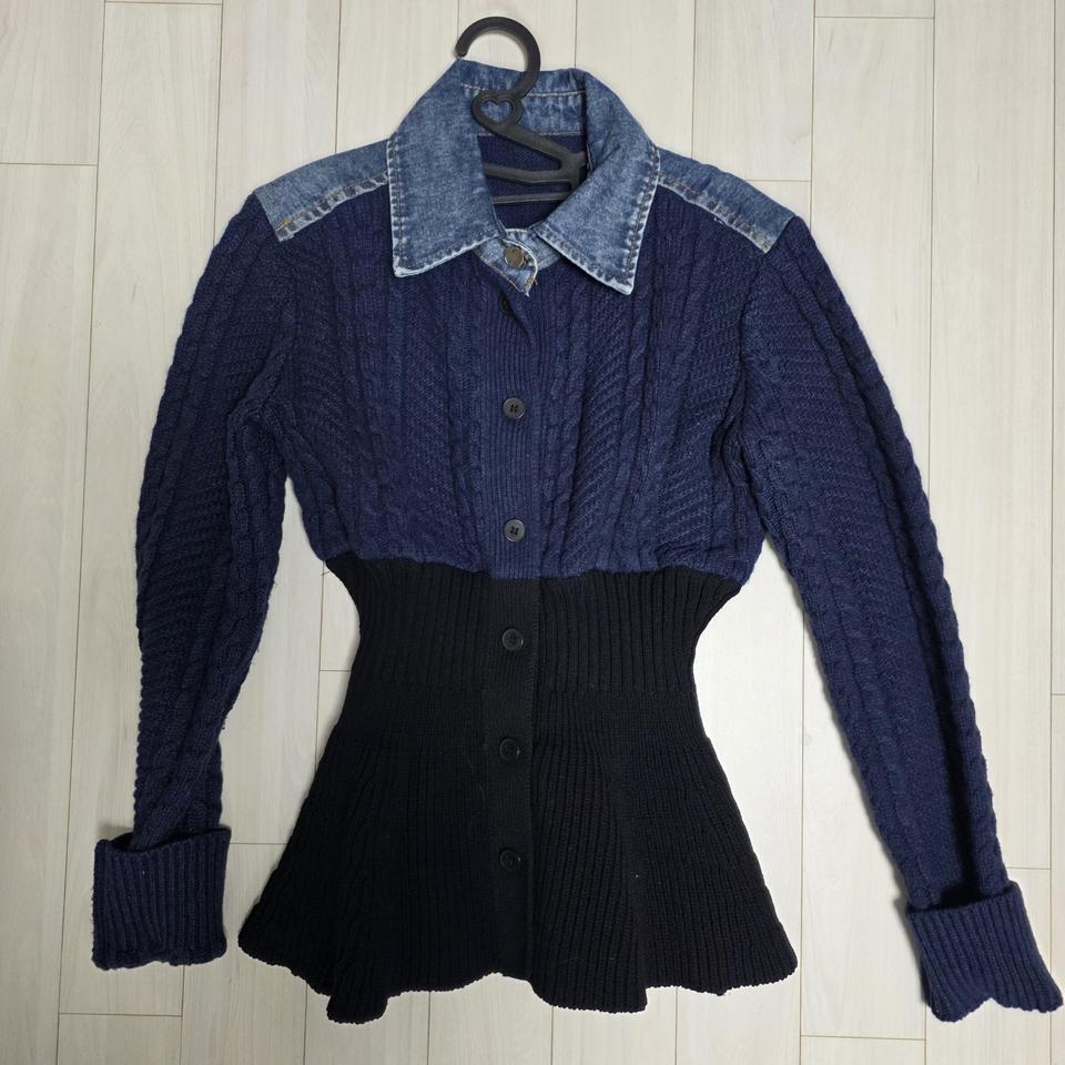 데님 카라 꽈배기 니트 가디건